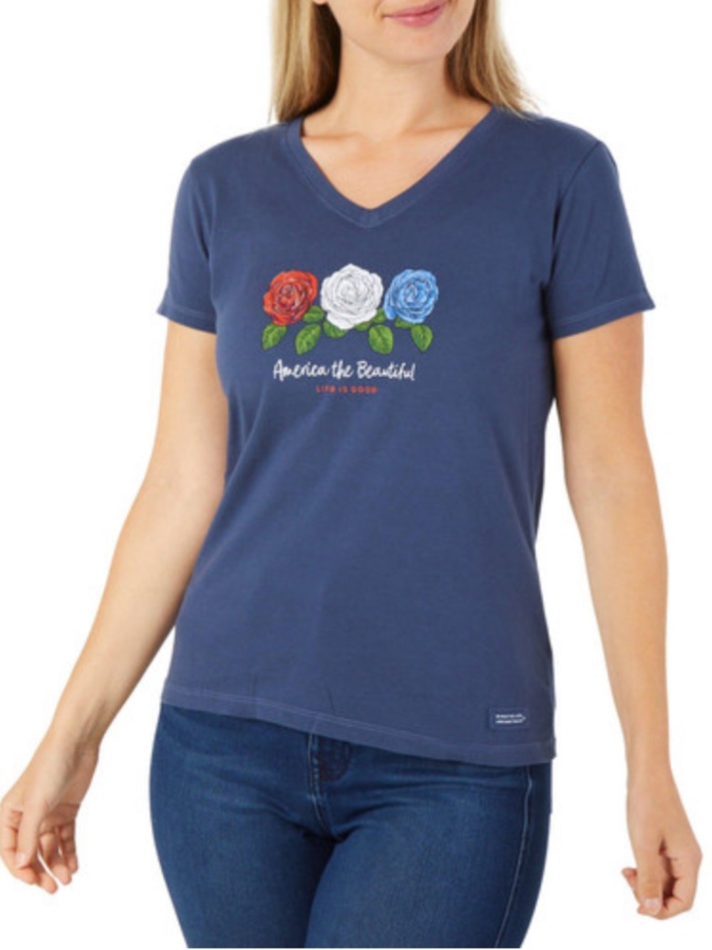 NWT Life Is Good Navy V-Neck Tee with Floral Graphic America The Beautiful XS